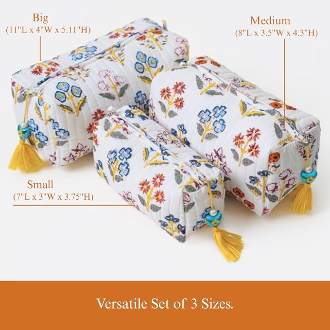 Saffron Marigold Quilted Makeup Bag Set of 3, Hand Block Printed Cotton Cosmetic Bags for Women, Waterproof Lined Travel Toiletry Bag, Coquette Floral Aesthetic, Handmade Gift, Wildflower Fields - Image 5