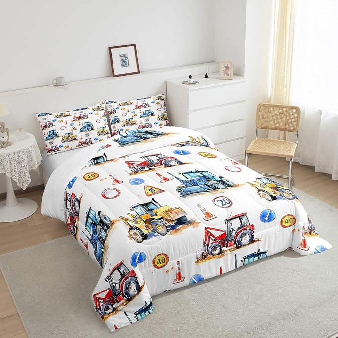 Erosebridal Boys Tractor Comforter Set Twin, Kids Construction Excavator Down Comforter Equipment Truck Duvet Sets for Boys Girls Children, Heavy Vehicle Crane Bedding Set with 1 Pillow Case - Image 4