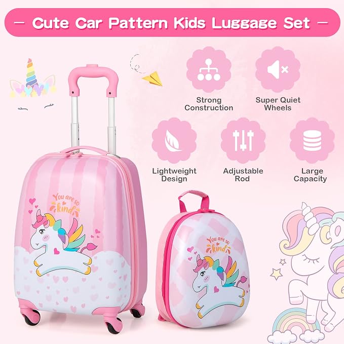 HONEY JOY Kids Luggage, 12" Toddler Backpack & 16" Travel Suitcase with Wheels, Lightweight Toddler Girls Suitcase, Durable ABS Hardshell, 2Pcs Carry On Luggage Set for Boys Girls(White Horse) - Image 3