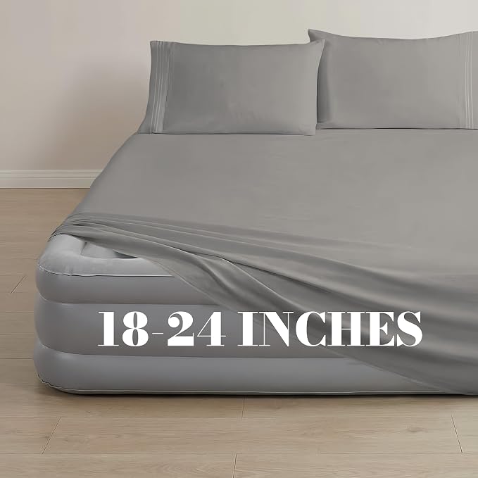 Mocassi 4-Piece Extra Deep Pocket 16-24 Inch Air Mattress Bed Sheet Set- 4PC Sheet Set with Smart Pockets Ideal for Air Beds, RVs, Camping and Guest Rooms Premium Hotel Quality, Queen, Grey - Image 3