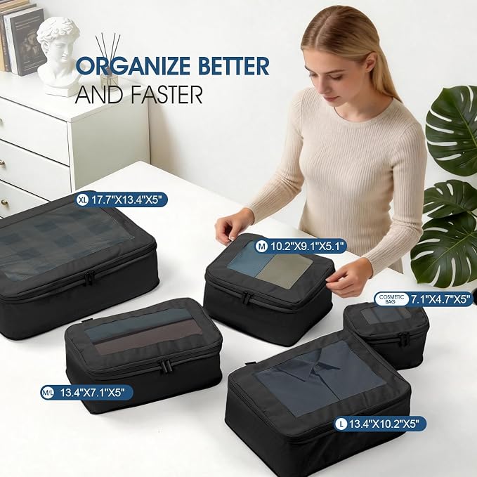 Compression Packing Cubes - Travel Organizer Bags for Suitcases and Luggage, Eco-Friendly Fabric (5-Pack) (Black) - Image 2