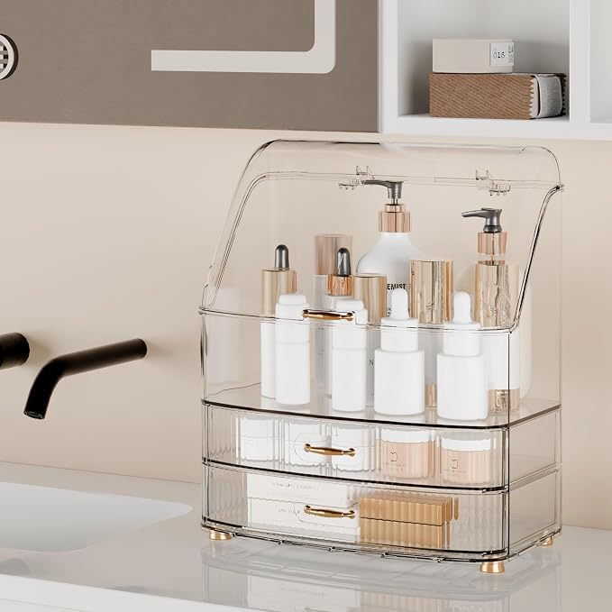 Makeup Organizer Countertop Vanity with Transparent Lid Drawers Waterproof Dustproof Cosmetic Skincare Bathroom Storage Gift for Women Teens Girls (Clear Whtie) - Image 4