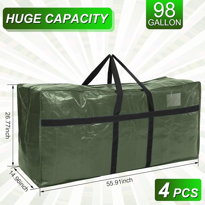 Windyun 4 Pack 98 Gallon Extra Large Moving Bags XXL Heavy Duty Storage Bag with Strong Zipper Handle Jumbo Big Tote Box Foldable for College Dorm Travel Clothes Duffle Blanket Pillow(Army Green) - Image 2