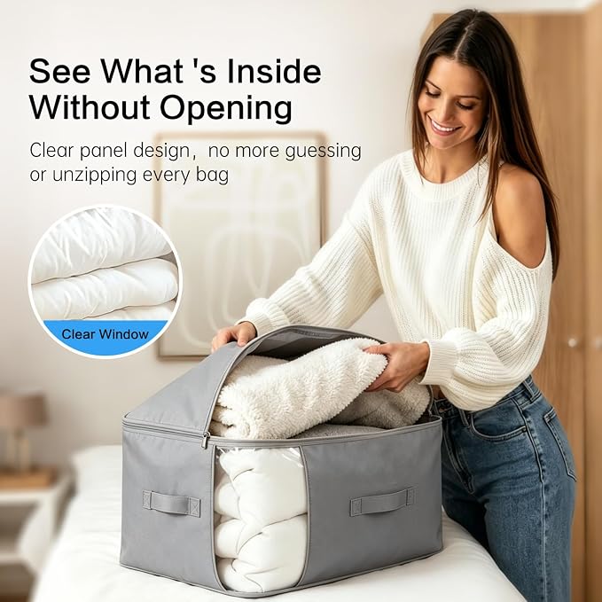 Comforter Storage Bag, Large Capacity Blanket Storage Bags 3-Layer Ultra Space Saving Self Compression Organizer, Heavy Duty Space Saver Organizer for Bedding, Clothes, Blanket, 2-Pack, Gray - Image 5