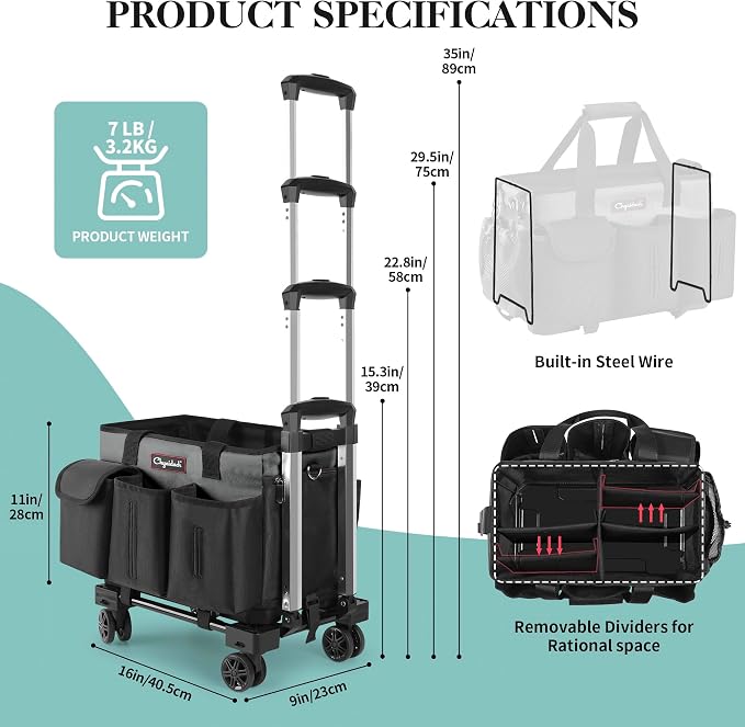 Chyaidach Rolling Cleaning Caddy, Cleaning Supplies Organizer with Trolley, Wearable Cleaning Tote Bag on Wheels with Hard Bottom, Cleaning Carts for Housekeepers/Home/Car/Office/Picnic (Grey) - Image 2