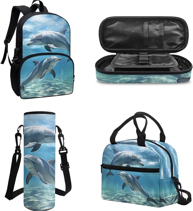4Piece Lovely Dolphin Backpack Schoolbag Set with Lunch Box And Pencil Car Water Holder Sleeve Crossbody Bag for Boys Girls，17Inch Laptop Bag Kids Casual Daypack Back to School - Image 2