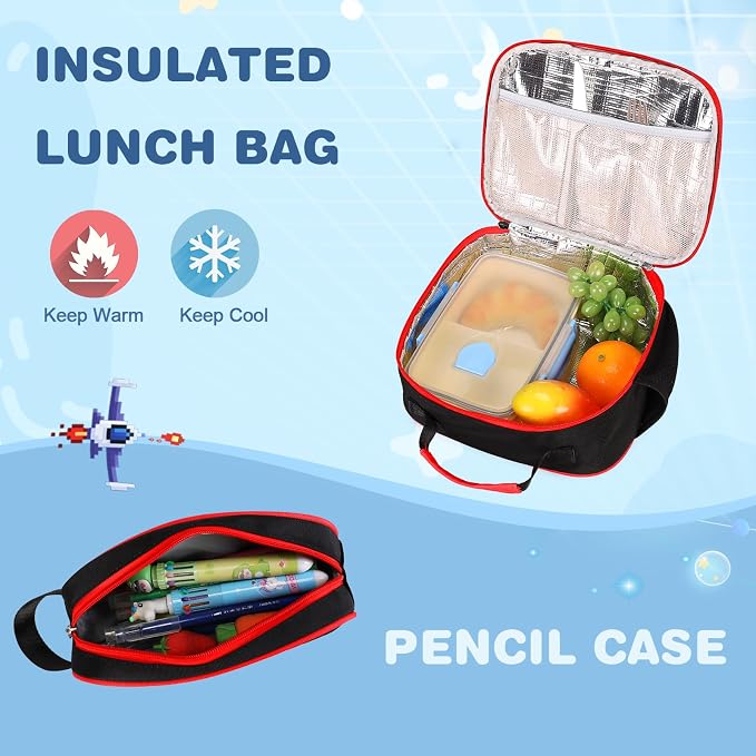 Bevalsa Backpack for Boys, School Bags for Kids with 3.5mm Jack Wired Headphones, Lunch Box & Pencil Case, Gamer Backpack for Kids Children Teens for Elementary Middle School Student (Red Blue) - Image 5
