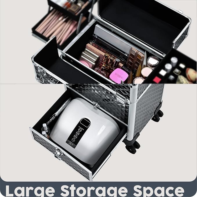 Hododou Rolling Makeup Case Cosmetic Travel Trolley Storage Sliding Drawer 4 Tray Makeup Travel Case with Wheels Salon Barber Case Traveling Cart Trunk for Cosmetologist Nail Tech Hairstylist Black - Image 5