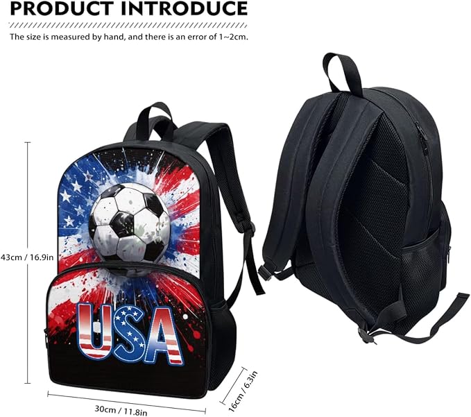 Soccer USA Flag Backpack for Boys 4PCS Travel Backpack with Lunch Box and Pencil Case Water Bottle Sleeve for Kids Children Teens Elementary Middle School 17 Inch Ball Bookbag Daypack - Image 2