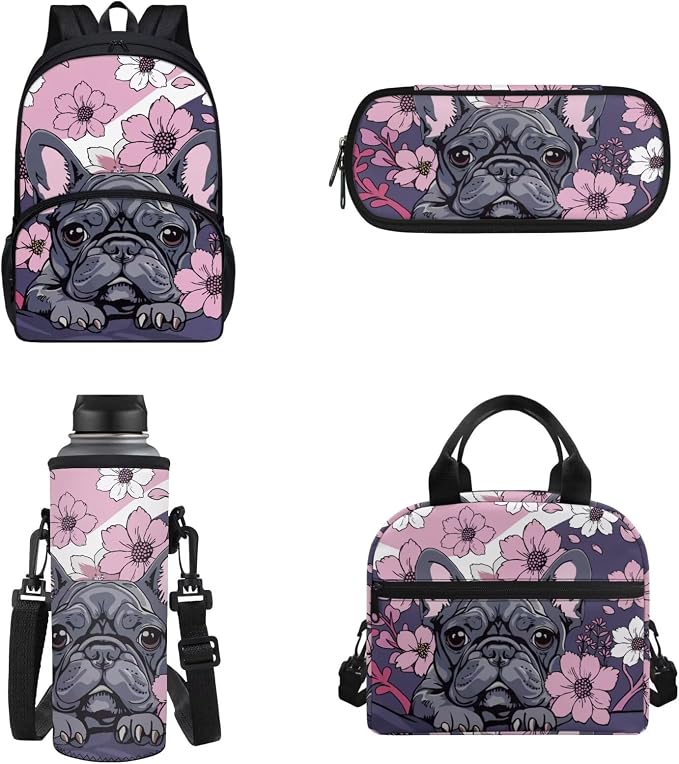 Cartoon Pug Dog Schoolbag Set 4In 1,Pug Dog Purple Floral School Backpack Set with Lunch Box Pencil Bag Bottle Carrier Bag Sling Bags for Boy Girl Middle School Primary Student Bookbag by FUIBENG