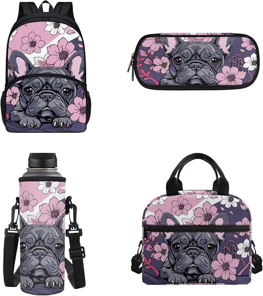 Cartoon Pug Dog Schoolbag Set 4In 1,Pug Dog Purple Floral School Backpack Set with Lunch Box Pencil Bag Bottle Carrier Bag Sling Bags for Boy Girl Middle School Primary Student Bookbag by FUIBENG