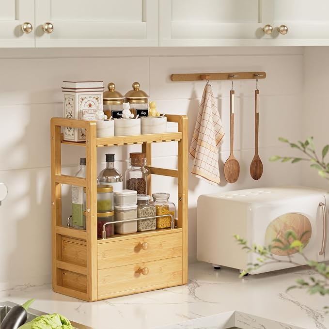 AmazerBath Bamboo Bathroom Countertop Organizer, 2-Tier Makeup Organizer with 2 Drawers, Vanity Organizer Storage Coffee Matcha Station, Compact Shelf for Bathroom Kitchen Office - Image 7
