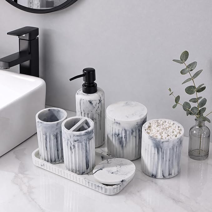 INIUNIK Bathroom Accessory Set, 6 Pieces, Marble White | Resin, Bathroom Accessories Set, with Soap Dispenser Set, Toothbrush Holders, Tumbler, Vanity Tray & 2 Qtip Holder - Image 4