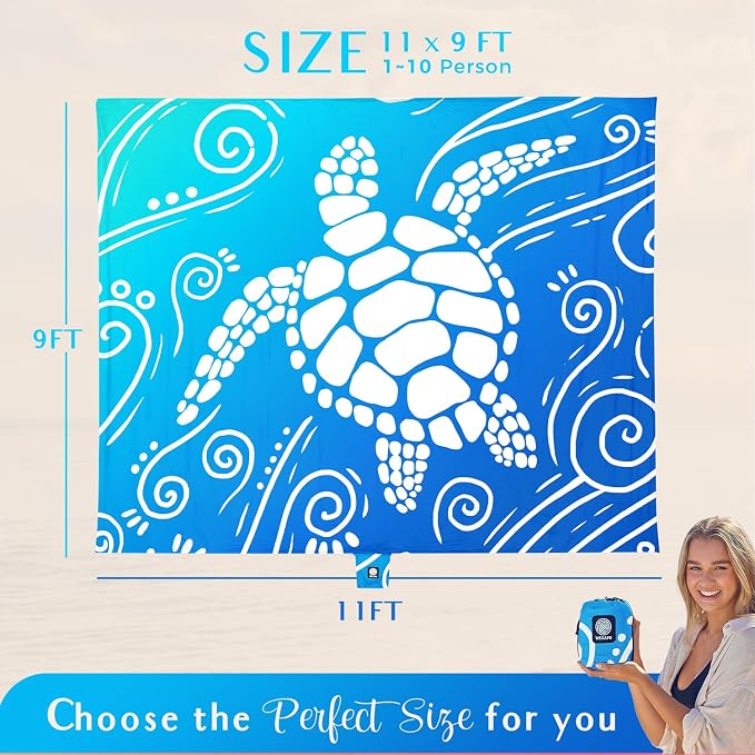 WEKAPO Beach Blanket Waterproof Sandproof Oversized Extra Large Sand Free Beach Mat with Stakes, Storage Bag - Essentials for Outdoor Beach, Picnic (Gradient Blue Sea Turtle, 11 X 9 FT (1~10 Person)) - Image 3