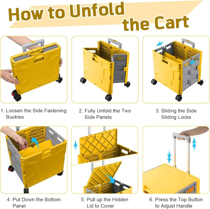 FELICON Folding Utility Cart Rolling Crate Handcart Basket Tote-Yellow+Gray | Collapsible Hidden Lid,Plastic Box,Telescoping Handle,4 Rotate Wheels for Travel Shop Move Grocery Laundry Office Teacher Use - Image 4