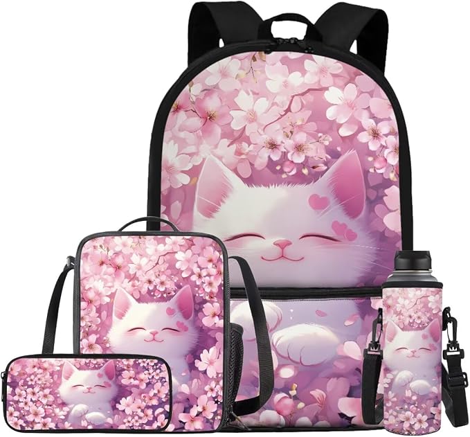 Cherry Blossom Cat Backpack for School Girls Backpack with Lunch Box Water Bottle Carrier and Large Pencil Case 4PCS Set Lightweight Bookbag with Front Pocket 17" Sturdy School Bag for Kids by ELEDIZI