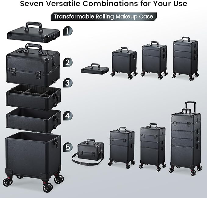 Rolling Makeup Case Makeup Train Case with Lid 5 in 1 Cosmetology Case on Wheels Cosmetic Trolley Organizer Large Makeup Organizers Case Profesional Cosmetic Case for Salon Barber Nail Beauty, Black - Image 2