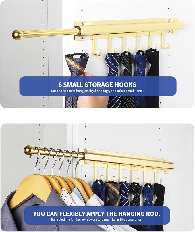 BaiNong Valet Rod for Closets Pull Out 16.5" Gold with 6 Hooks (2Pack) | Closet Valet Rod Slide Out for Closets, Laundry Rooms, RVs Space-Saving - Image 3