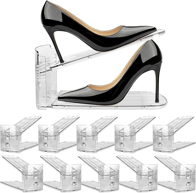 10 Pack Clear Shoe Slots Organizer - Adjustable Height 3.7''to 7.7'' Shoe stackers for a pair of shoes ,Shoe rack storage shoe space saver 50%,Easy to assemble shoe hold shoe organizer for cloest by NVGSN