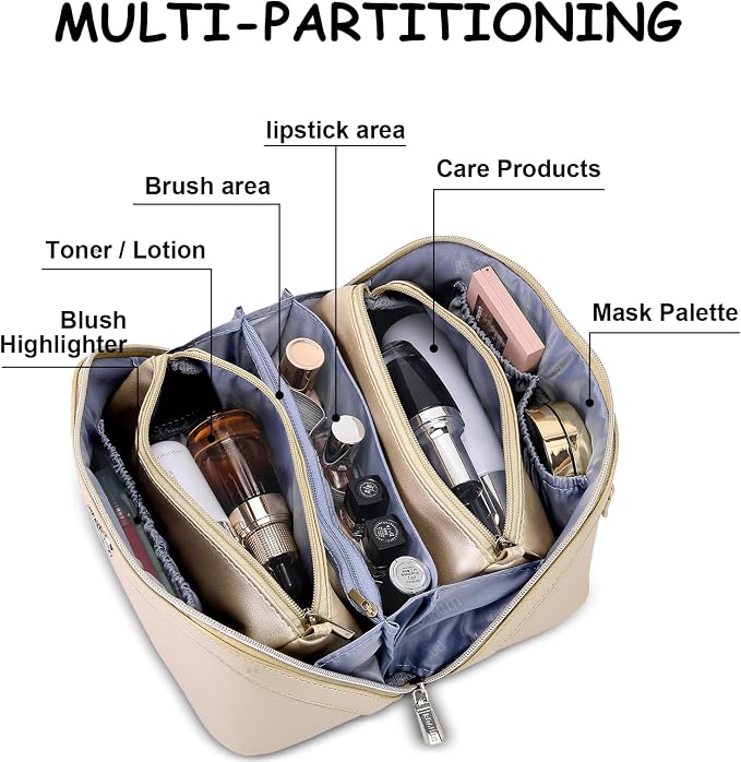 BOYATU Travel Makeup Bag Organizer Cosmetic Bag: 3 Pcs Set Make up Bags for Women with Handle - Waterproof Vegan Leather Toiletry Bags Travel Essentials Pouch with Compartments (C-07-Gold) - Image 3