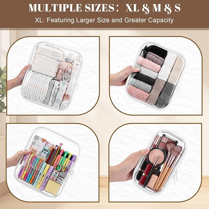 15 Pack Clear Hard Shell Zipper Case with 40 Labels, X-Large/Medium/Small Stackable Clear Pouches, Crush-resistant Travel Toiletry Bag Organizer for Makeup Board Games Electronics (White) - Image 6