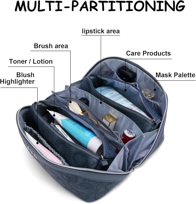 BOYATU Travel Makeup Bags Cosmetic Organizer Bag: 3-Set Large Capacity Make up Bag - PU Leather Toiletry Bags for Women - Wide Open Portable Pouch with Divider & Handle (02-Dark Blue) - Image 7