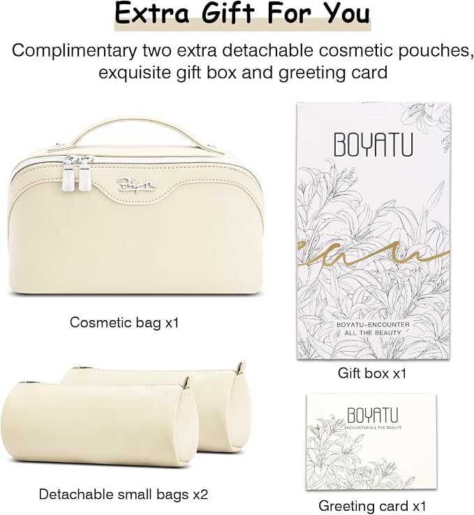 BOYATU Travel Makeup Bag Organizer Cosmetic Bag: 3 Pcs Set Make up Bags for Women with Handle - Waterproof Vegan Leather Toiletry Bags Travel Essentials Pouch with Compartments (C-04-White) - Image 7