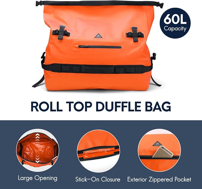 Haimont IPX7 Waterproof Roll-Top Dry Duffel Backpack | 60L/90L Sizes, 500D Tarpaulin, Welded Seams, Mesh Pockets, Boating & Kayaking - Image 5