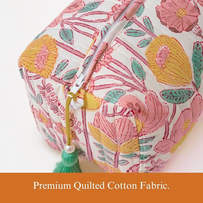Saffron Marigold Quilted Makeup Bag Set of 3, Hand Block Printed Cotton Cosmetic Bags for Women, Waterproof Lined Travel Toiletry Bag, Coquette Floral Aesthetic, Handmade Gift, Sunspell Garden - Image 6