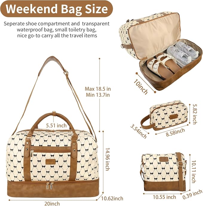 Wogarl 3PCS Weekender Bags for Women Large Overnight Bag Weekend Travel Duffel Bag Carry on Shoulder with Shoe Compartment Canvas Toiletry Bag for Travel Business Gym,Cream Bow - Image 4