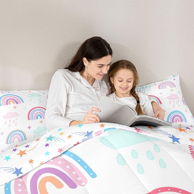 Rainbow Comforter Set For Kids, Pink Love Heart Duvet Insert Full Size, Kawaii Clouds Quilted Duvet For Girls Boys Children Bedroom Decor, Hand Drawn Iridescent Stripes Quilt, White Pink Blue - Image 5