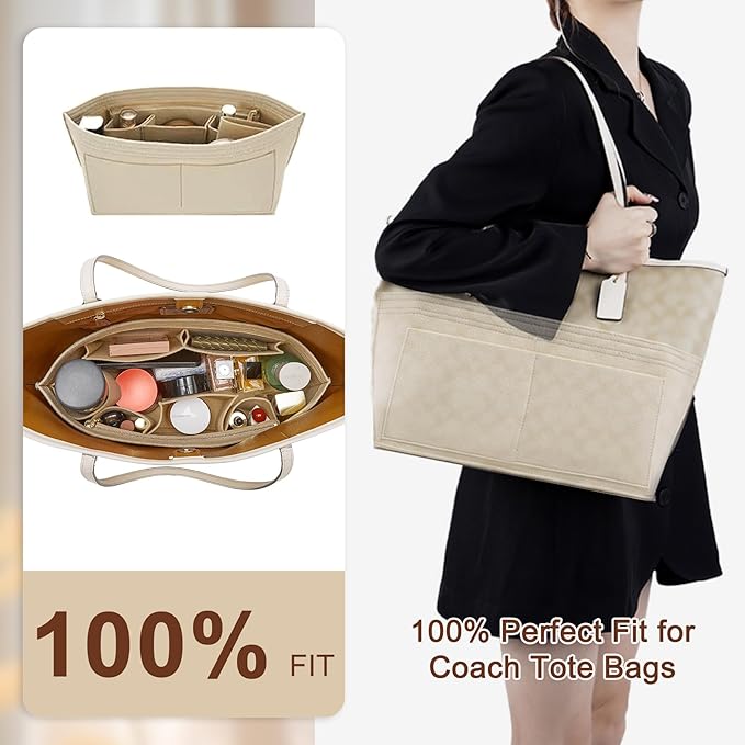 Tote Bag Organizer Insert with Base Shaper, Felt Neverfull MM Organizer, Purse Organizer Insert with Zipper Pocket and Bottle Holder, Fits Speedy 30 Neverfull MM Tote Handbags and More,Beige-L - Image 7