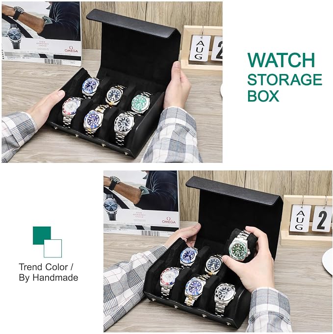 Hiram Genuine Leather Hexagon Watch Roll Travel Case, Leather 6-Watches Roll Case with Removable Pillow Cushion for Treasured Watches and Bracelets-Black - Image 5