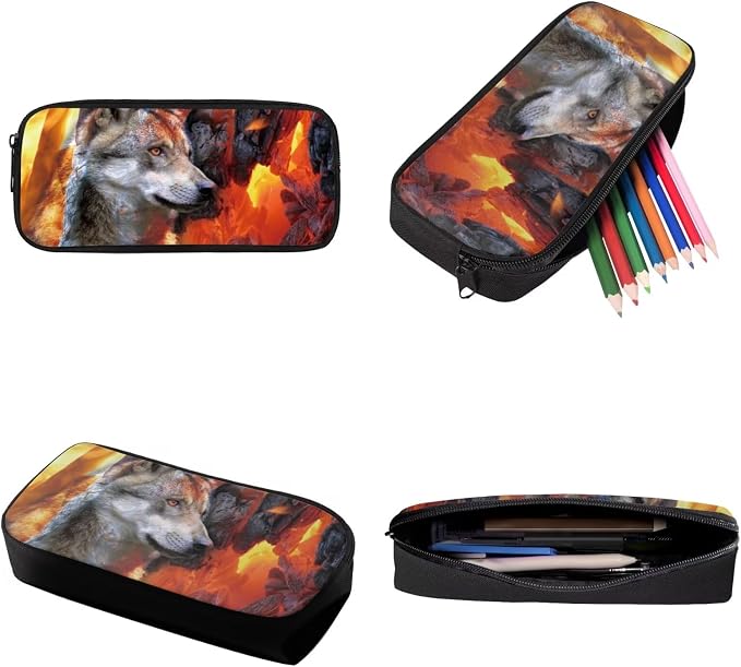 Wolf Lava Fire Print Backpack Set for Student Schoolbag Lightweight Bookbag Lunch Box Pencil Case Fashion 17 Inch Travel Laptop Backpacks Rucksack Daypack with Adjustable Straps - Image 6
