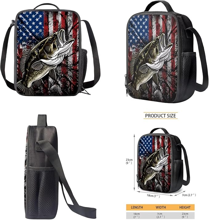 Bass Fishing American Flag Boys Backpack with Lunch Bag 4 Piece Set, Patriotic 4th of July Gift School Bag for Boys Ages 6-12, 17 Inch Durable Waterproof Elementary Bookbag - Image 5