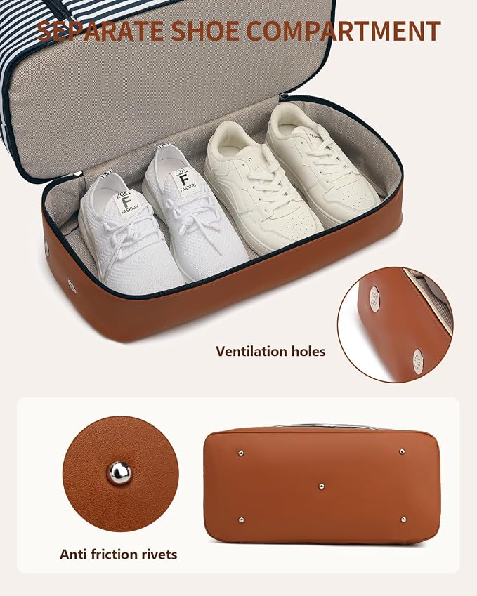 Weekender Bags for Women Travel, Under Seat Carry On Bags for Airplanes Overnight Bag with Shoe Compartment Luggage Sleeve, Foldie Travel Tote Bag Hospital Bag, Travel Gifts, Blue Strip - Image 4