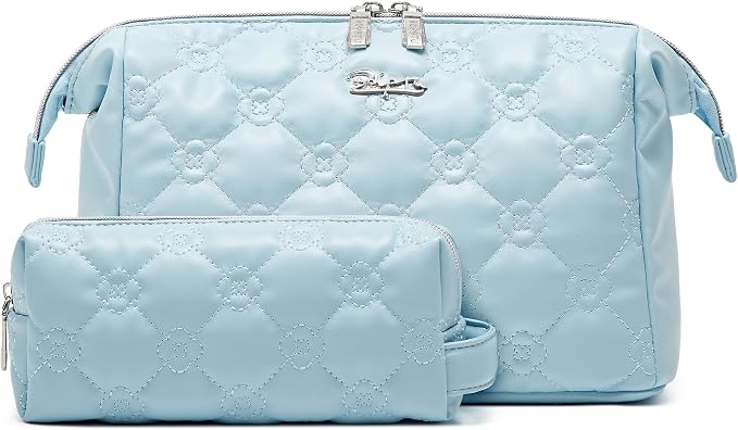 BOYATU Travel Makeup Bag Cosmetic Pouch: 2 Pcs Set Waterproof Vegan Leather Cosmetic Bags for Women - Cute Quilted Skincare Make up Toiletry Bag for Girl (04-Blue) by BOYATU