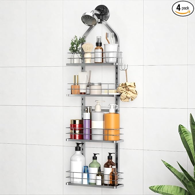 Shower Caddy Hanging (Silver), Adjustable Anti-Swing-Over The Shower Head Caddy, 4 Tier Height Bathroom Storage Organizer Bathroom Shelves Basket Rack Shower Caddies (4Tier) by Aquohola