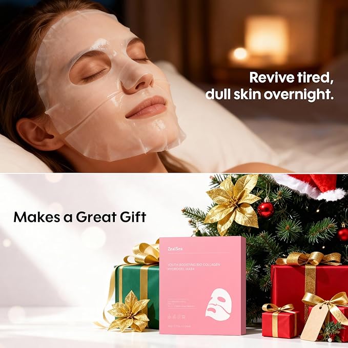 ZealSea Bio Collagen Wrapping Hydrogel Face Mask, Overnight Jelly Gel Sheet Mask for Glass Skin, Deep Hydration, Pore Care, Elasticity Improvement, Firming, Advanced Facial Skincare Solution, 4 Pack