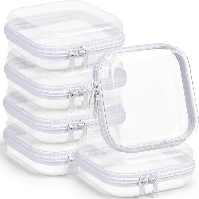 Sanwuta 6 Pcs Clear Hard Zipper Case Plastic Zipper Pouches Transparent Makeup Bag Pencil Case Pouches Toiletry Diaper Bag for Travel Toy Storage Organizer Bins(White,5 x 5 x 2 Inch) by Sanwuta