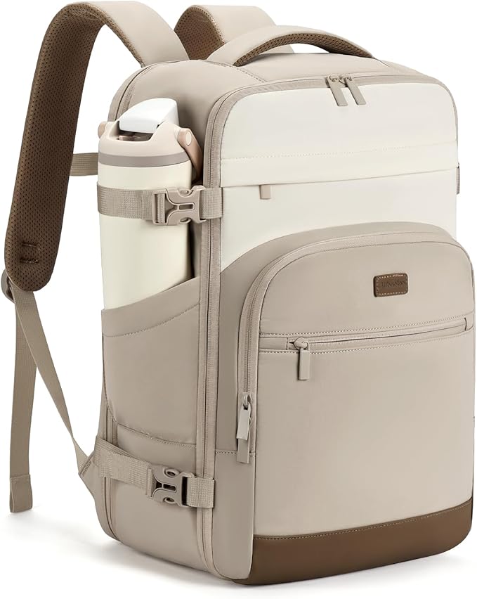 mibasies 40L Travel Backpack for Women & Men: Flight Approved Carry On Backpack, TSA Personal Item Bag with Water Bottle Pocket, Weekender Essentials Backpacks fits 17" Laptop - Khaki Ivory by mibasies