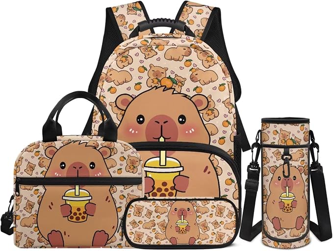 Cute Capybara Backpack for Boys Girls Elementary School Bookbag Satchel 4 Pack Backpacks with Insulated Lunch Bag and Pencil Case Water Bottle Holder Set by Unknown