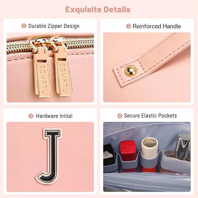 BOYATU Makeup Bag Gift for Women: 3-in-1 Travel Personalized Cosmetic Bag | Initial Make up Bag - Monogram A-Z - Vegan Leather Flat Open Toiletry Organizer - Ideal Gift Set for Birthday Graduation - Image 7