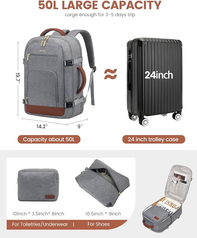 LOVEVOOK 50L Large Carry on Backpack, Travel Backpack for Women Men Flight Approved, Personal Item Travel Bag For Airplanes, Waterproof 18 Inch Laptop Backpack, Business Weekender Overnight Daypack - Image 2