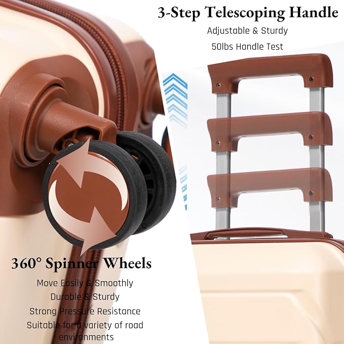 2-Piece ABS Hard Shell Lightweight Carry-On Luggage Set (14" & 20"), 360-Degree Spinner Wheels, Adjustable Telescopic Handle and Combination Lock for Travel, Beige - Image 3