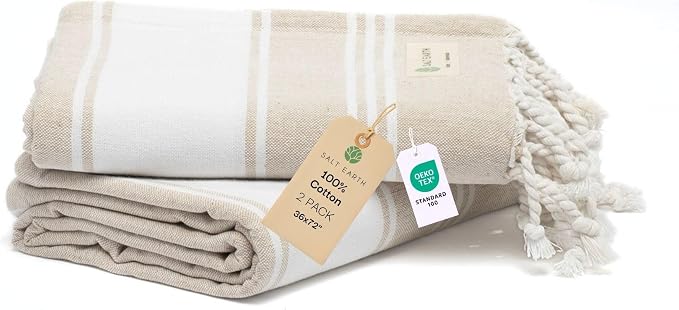 Salt Earth Cotton Turkish Beach Towel (Set of 2, 36"x72") - Soft, Quick Dry, Sand Resistant, Absorbent Towels for Bathroom, Home, Travel, Pool, Spa, Bath, Swim - Beach Towels Oversized (Beige) by SaltEarth