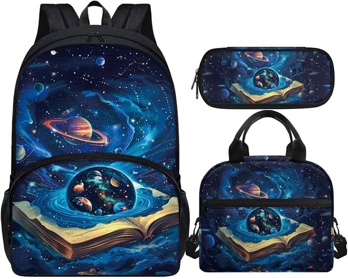 Galaxy Book Boys Backpack 8-12 Teenage Boys Girls Schoolbag Set with Lunch Box and Pencil Case Book Bags for Middle School 17 Inch Laptop Bag, 3Pcs by Vanideaoty