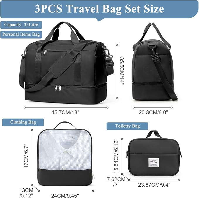 Travel Duffel Bag, Carry-On Overnight Weekender Bags with Shoes Compartment | For Spirit Airlines 18x14x8 Personal Item Bag,Wet Pocket,3 Pcs Set,Small - Image 3