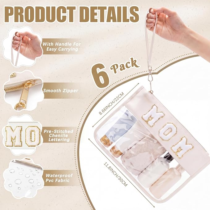 6 Pcs Mom Cosmetic Bags, Clear Chenille Letter Mama Makeup Bag, Beige Gift Bags Travel Toiletry Pack, Preppy Waterproof Stuff Pouch for Women - Image 2
