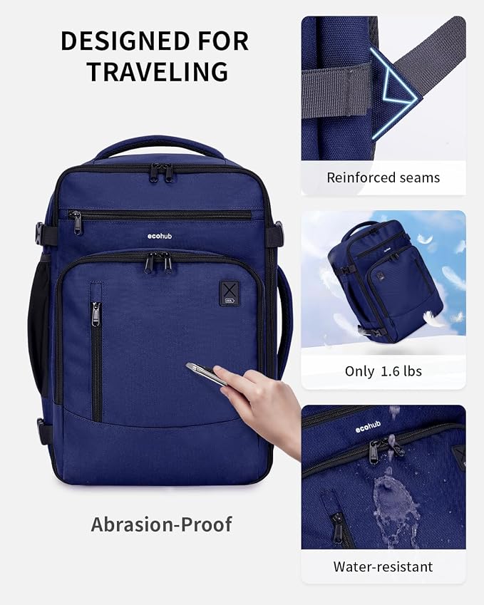 ECOHUB 17" Small Travel Backpack, United Airlines Personal Item Bag 17x10x9 with 16 Pockets, Water Resistant Rucksacks Fit 15.6" Laptop, AirTag Pocket, Lightweight Casual Daypack, 25L, Blue - Image 6